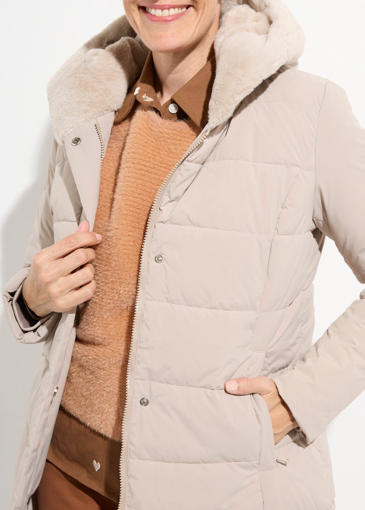 Doudoune longue avec capuche fourrure - Beige - Orika