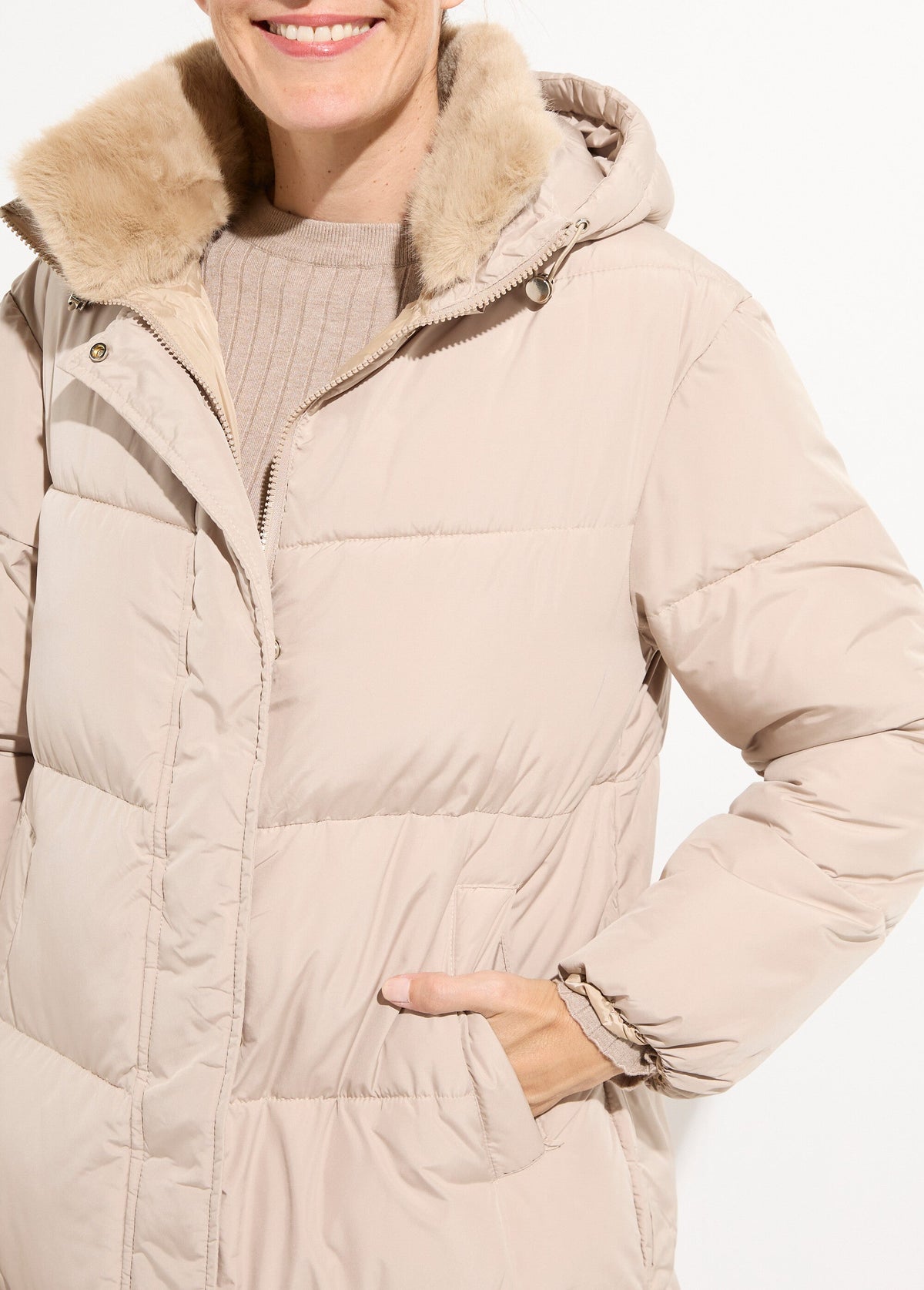 Doudoune extra longue, col fourrure - Beige - Orika