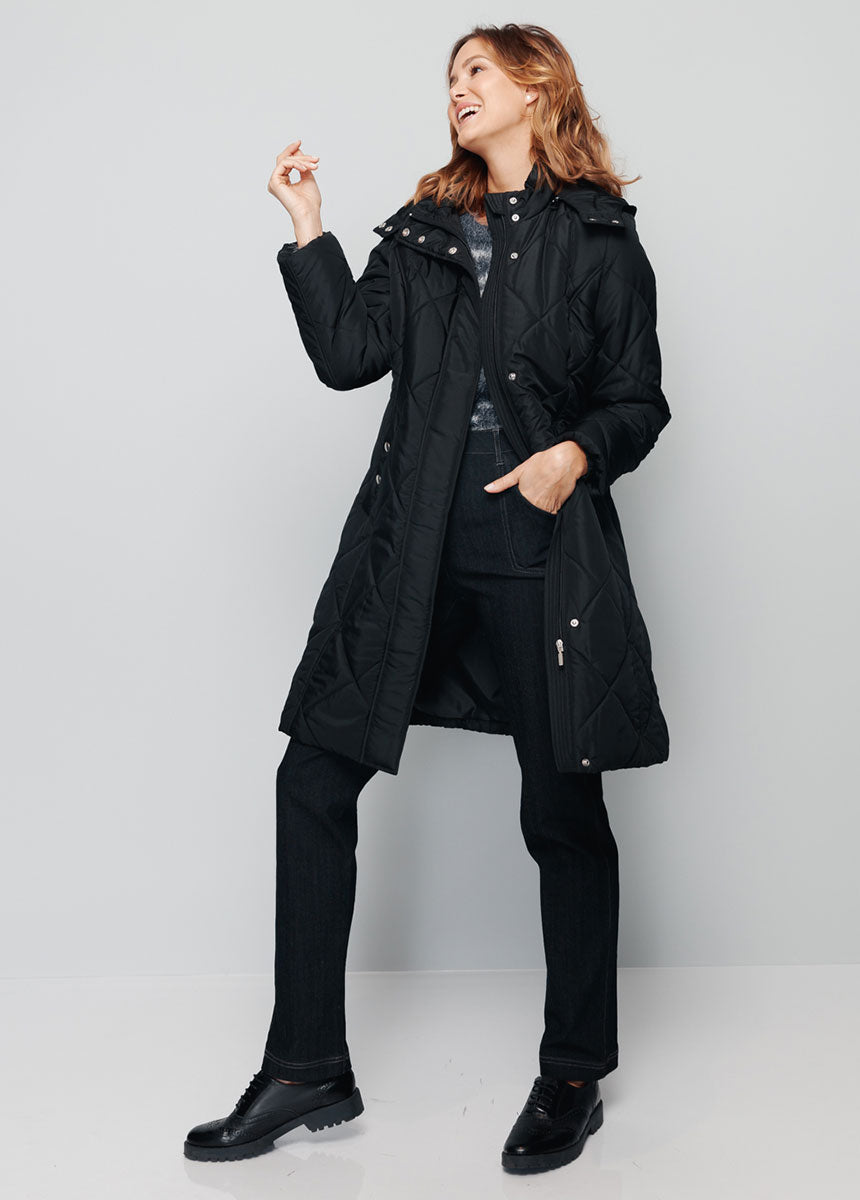 Manteau hiver long matelassé à capuche - Noir - Orika
