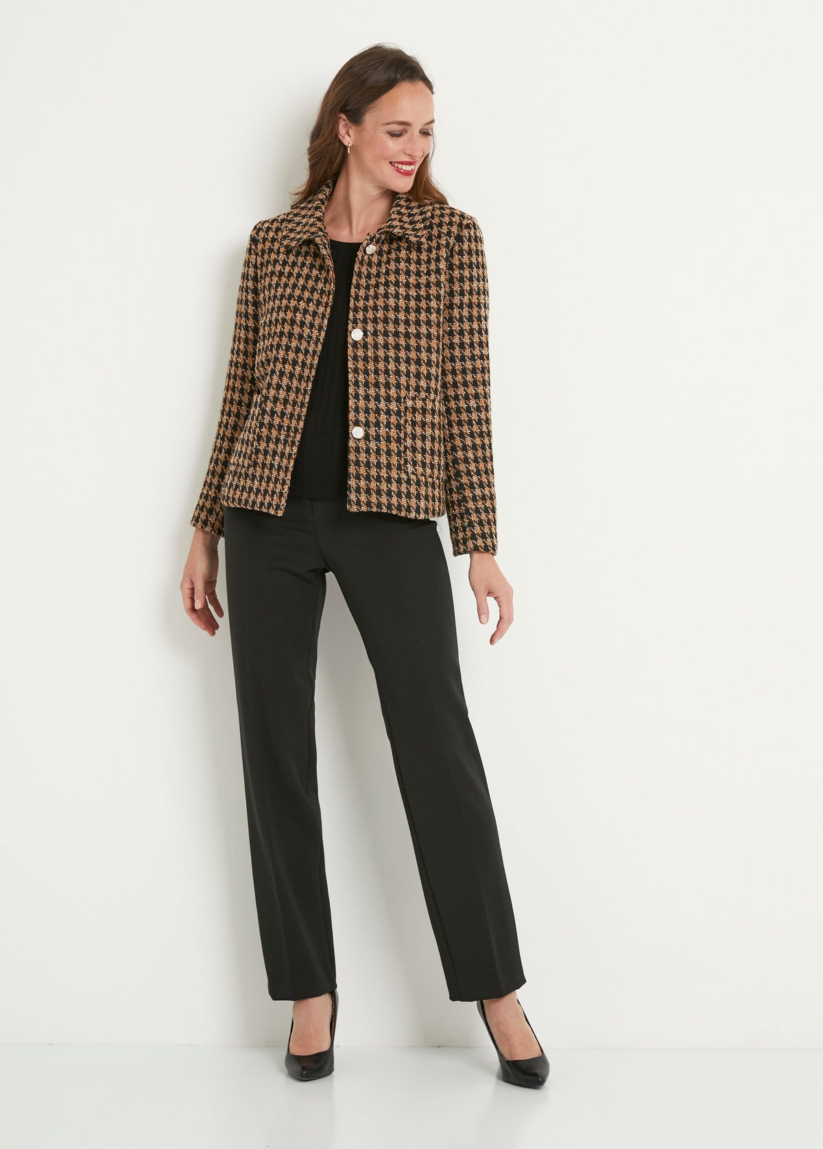 Veste boutonnée courte jacquard pied de coq Camel - Noir - Orika