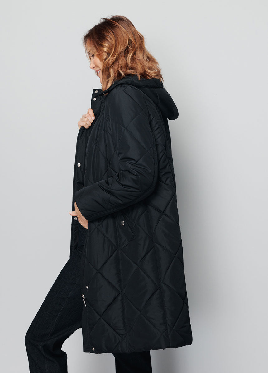 Manteau hiver long matelassé à capuche - Noir - Orika