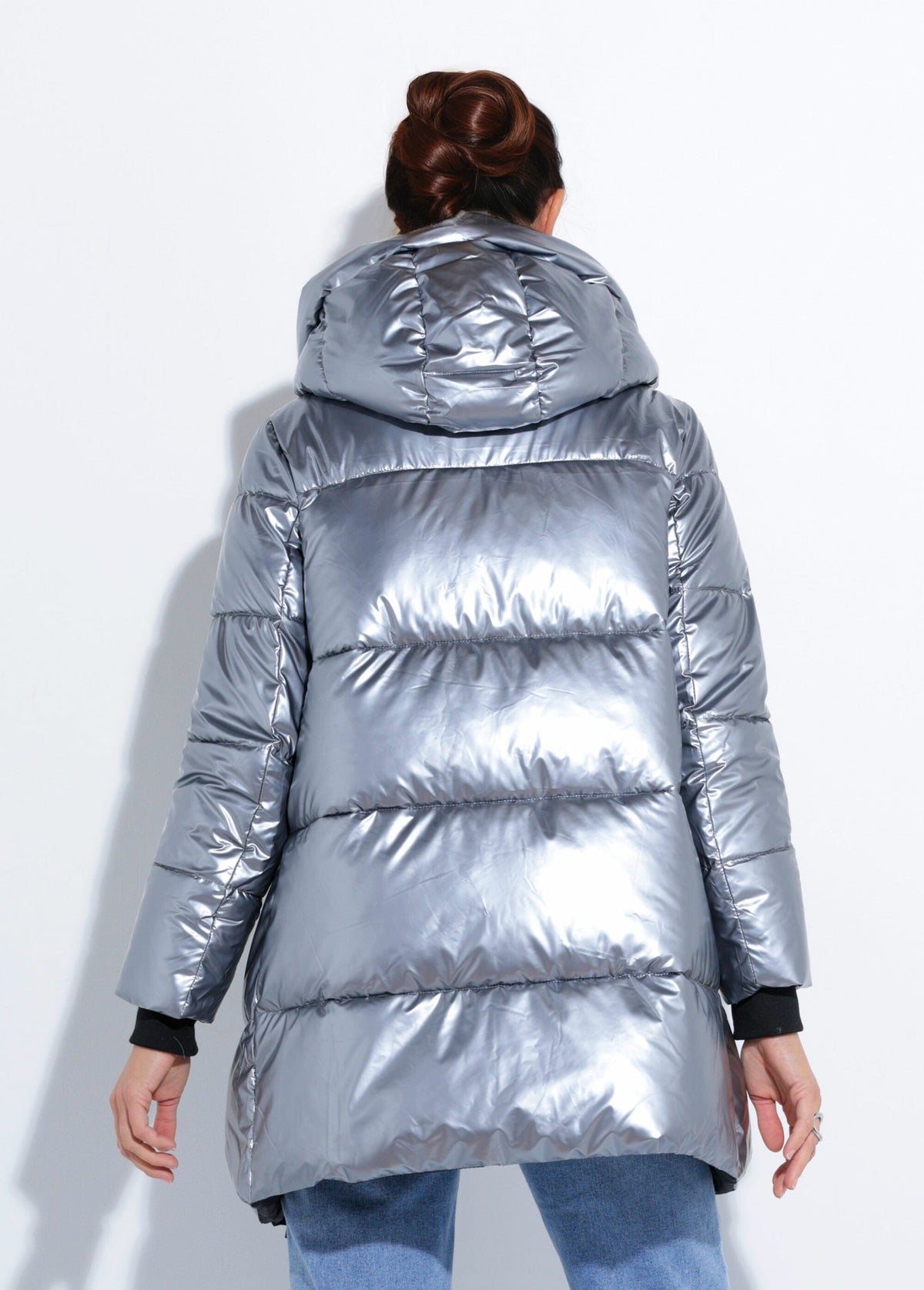 Doudoune métallisée mi-longue à capuche - Argenté - Orika