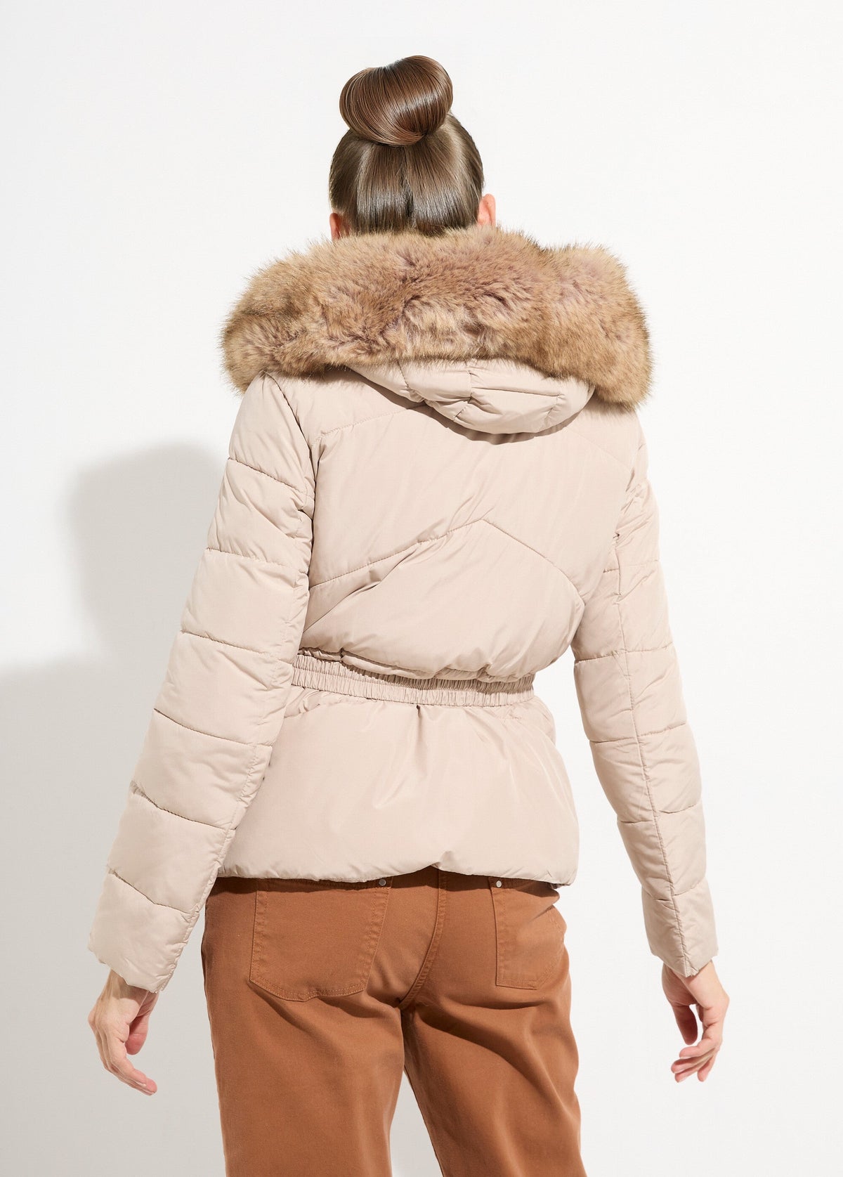 Doudoune courte ceinturée capuche fourrure - Beige - Orika