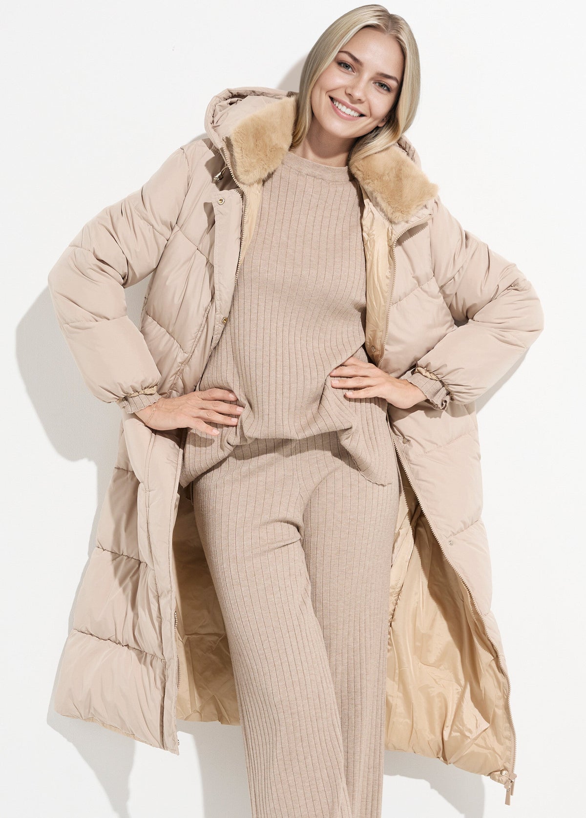 Doudoune extra longue, col fourrure - Beige - Orika