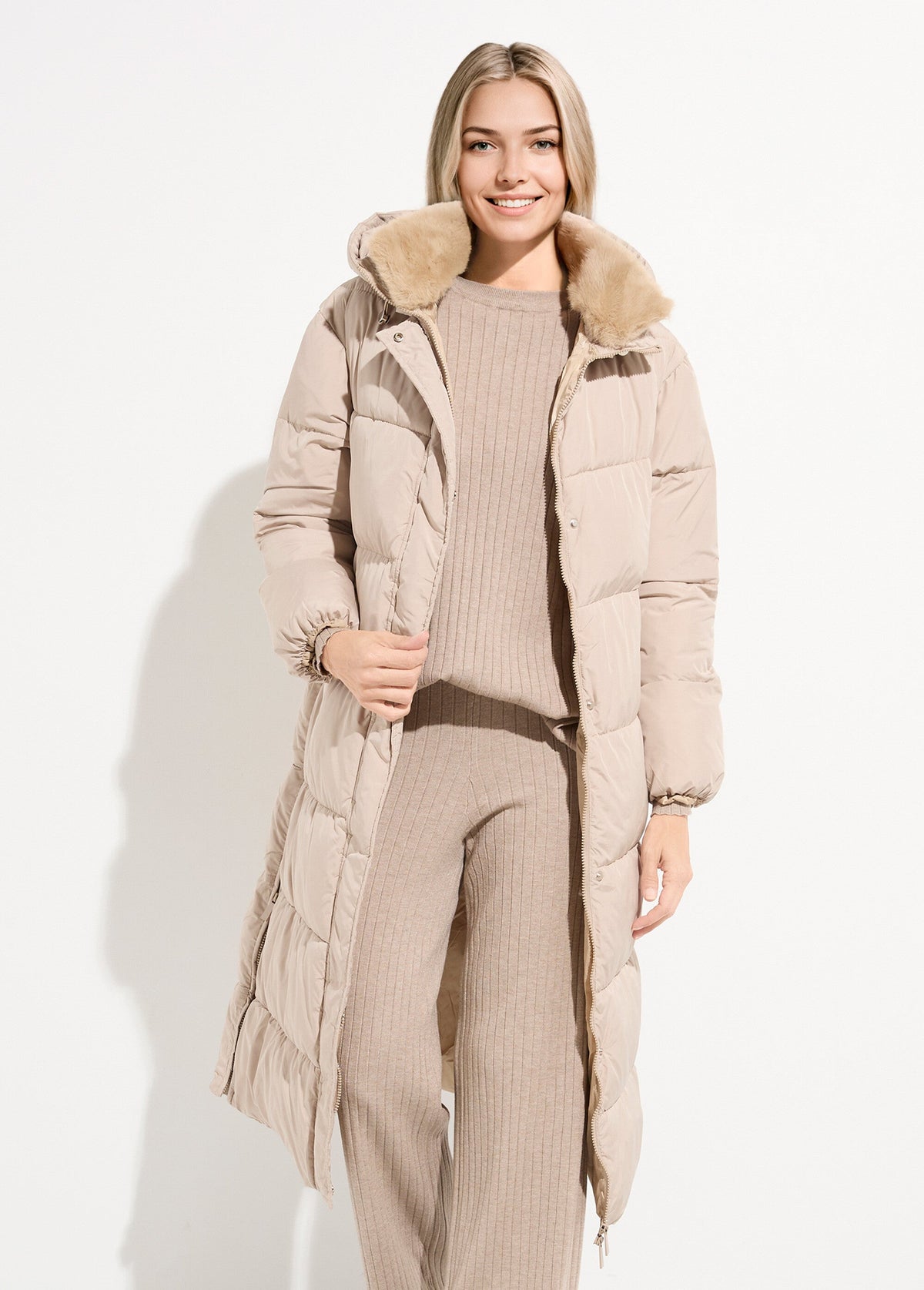 Doudoune extra longue, col fourrure - Beige - Orika