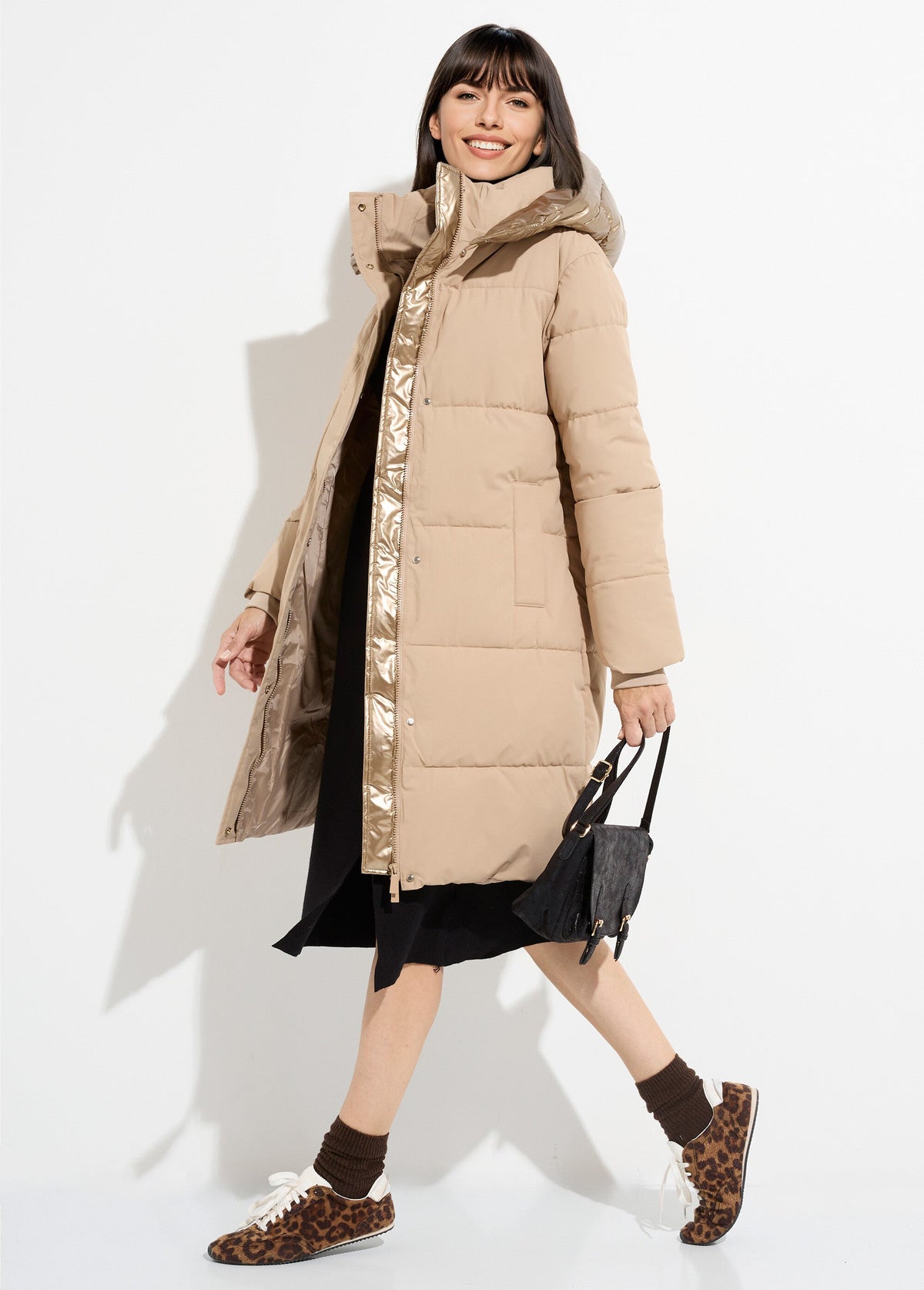 Doudoune longue capuche métallisée - Beige - Orika