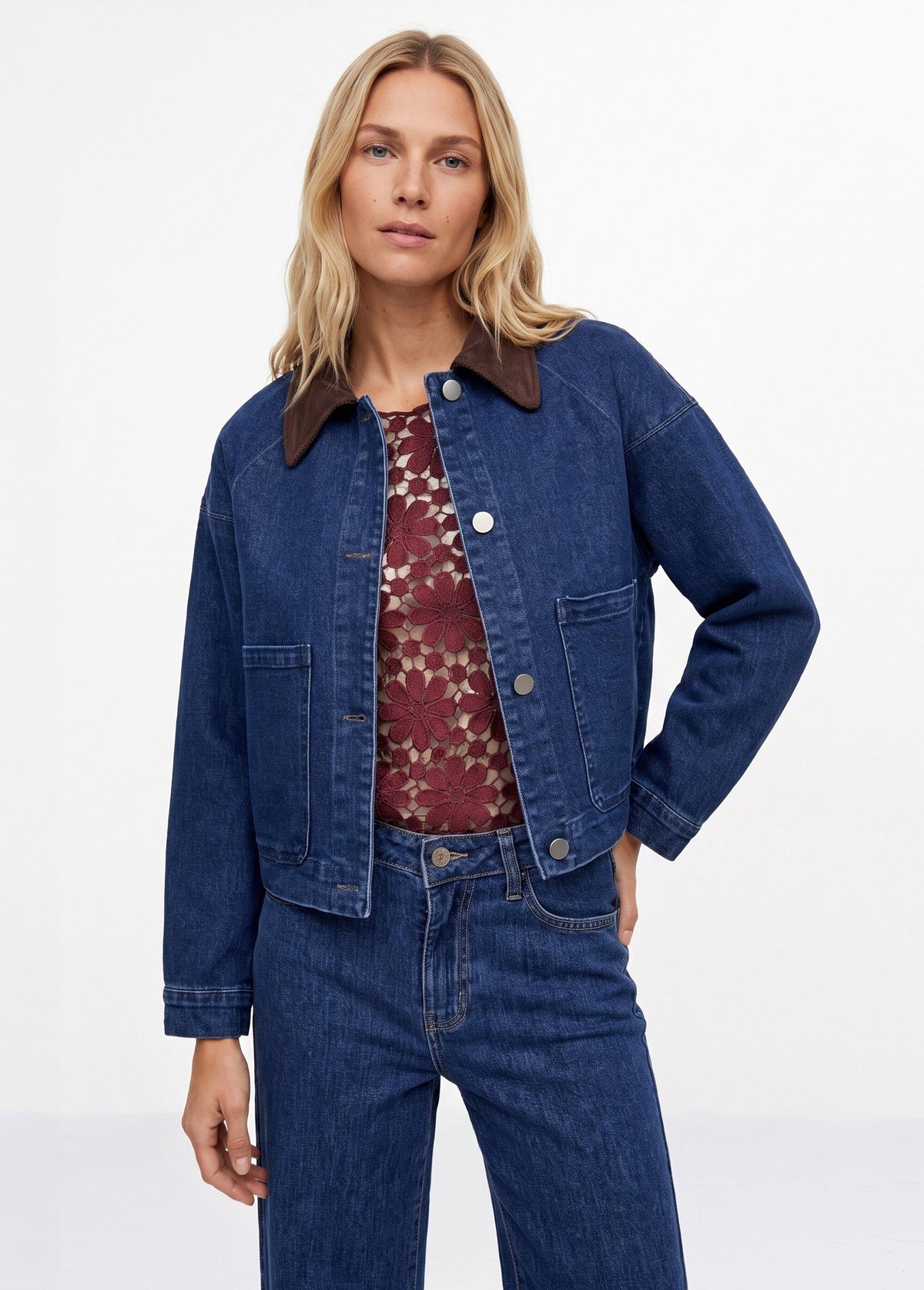 Veste en denim avec col en velours - Bleu - Orika