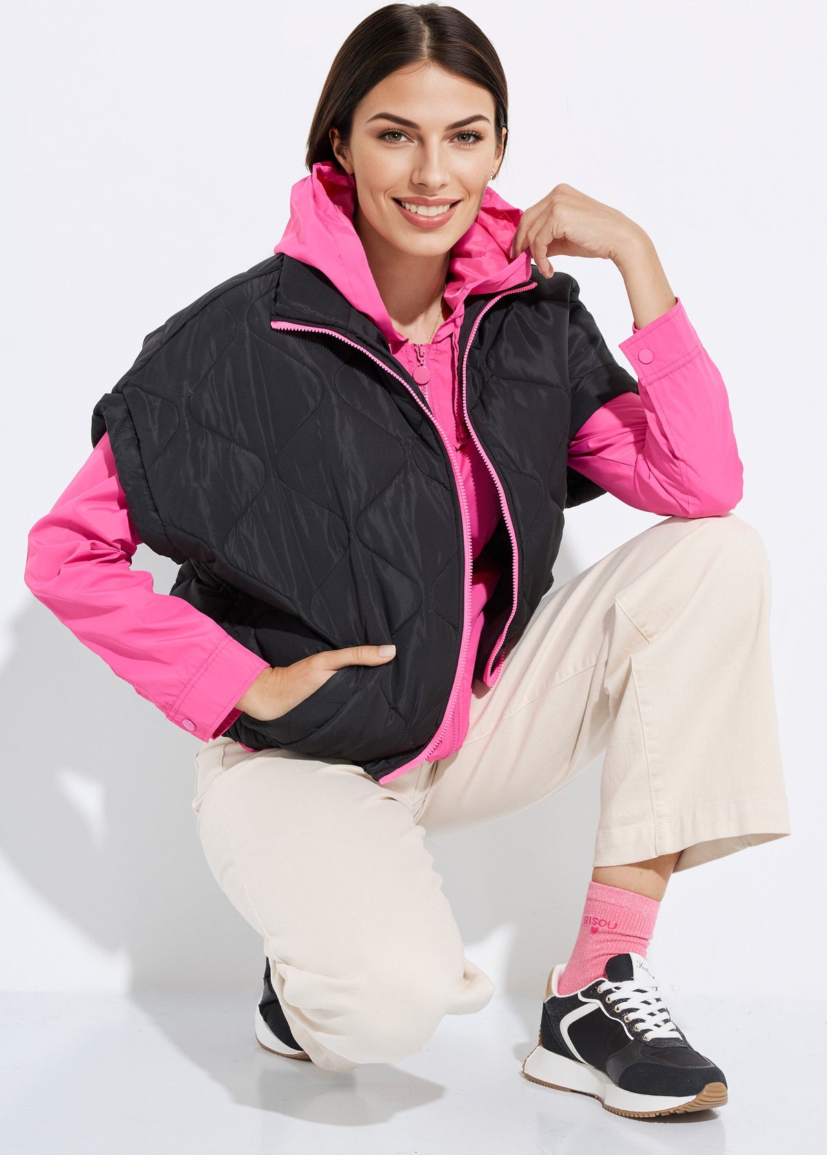 Doudoune sans manches mate, zip fluo - Noir - Orika