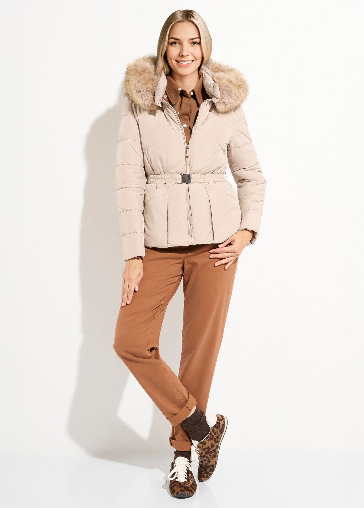 Doudoune courte ceinturée capuche fourrure - Beige - Orika