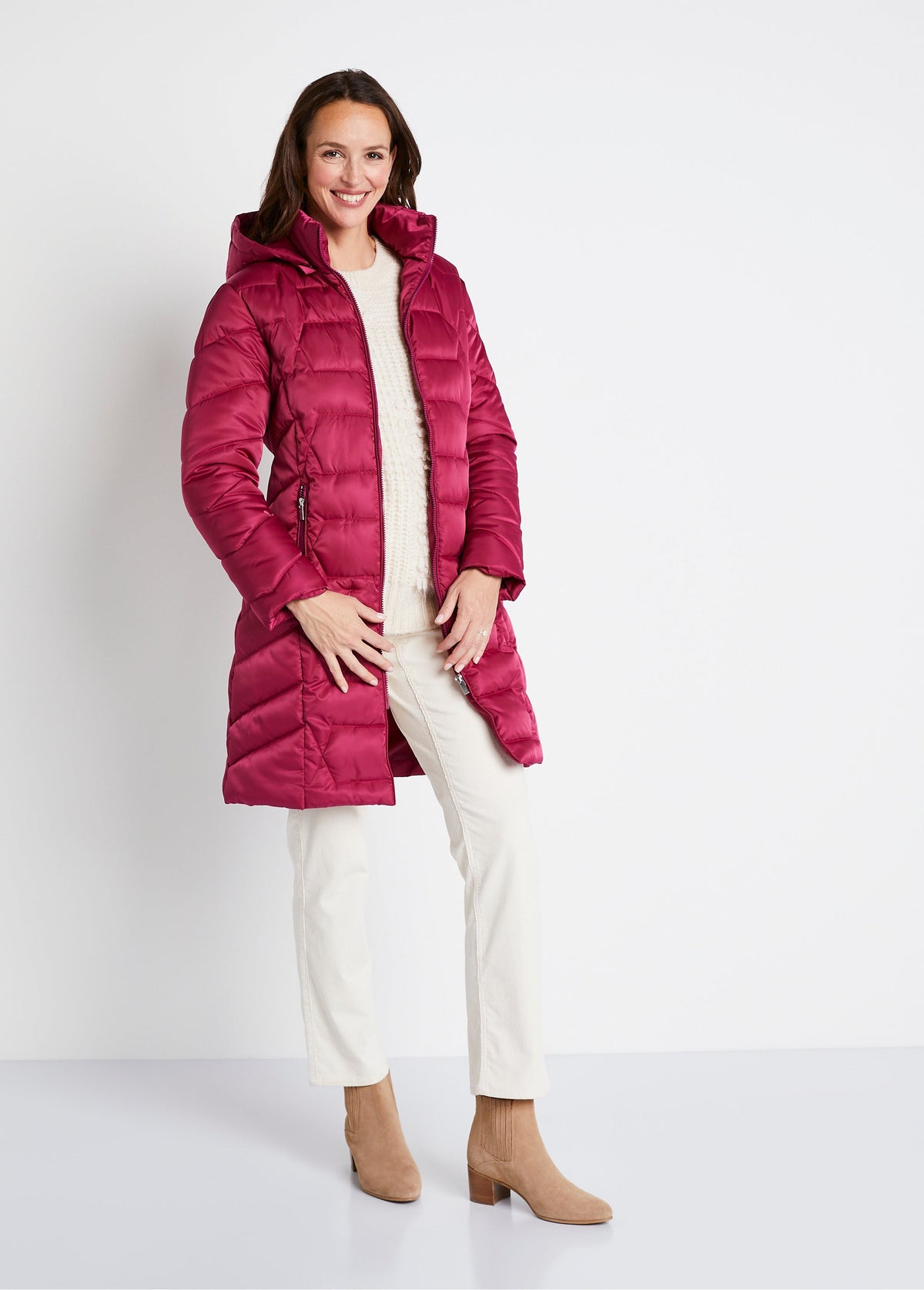 Doudoune longue matelassée à capuche - Framboise - Orika