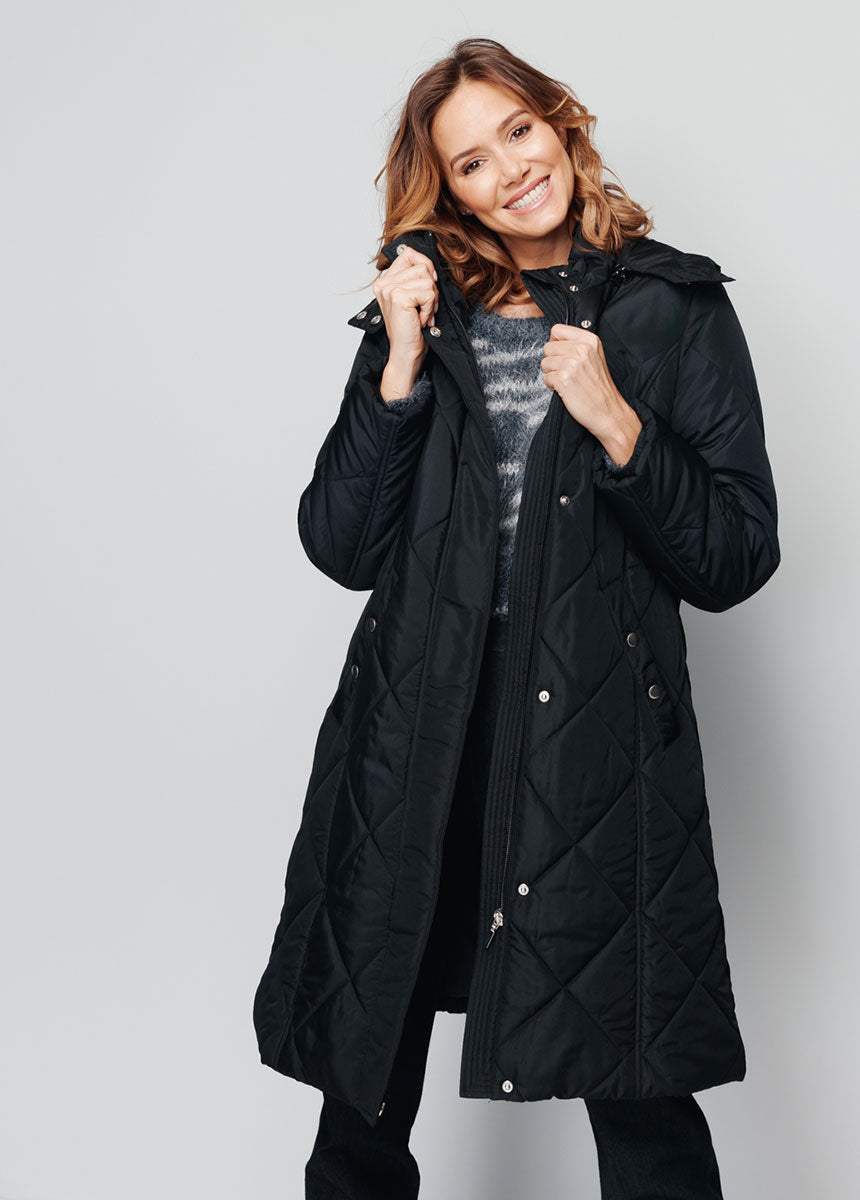 Manteau hiver long matelassé à capuche - Noir - Orika