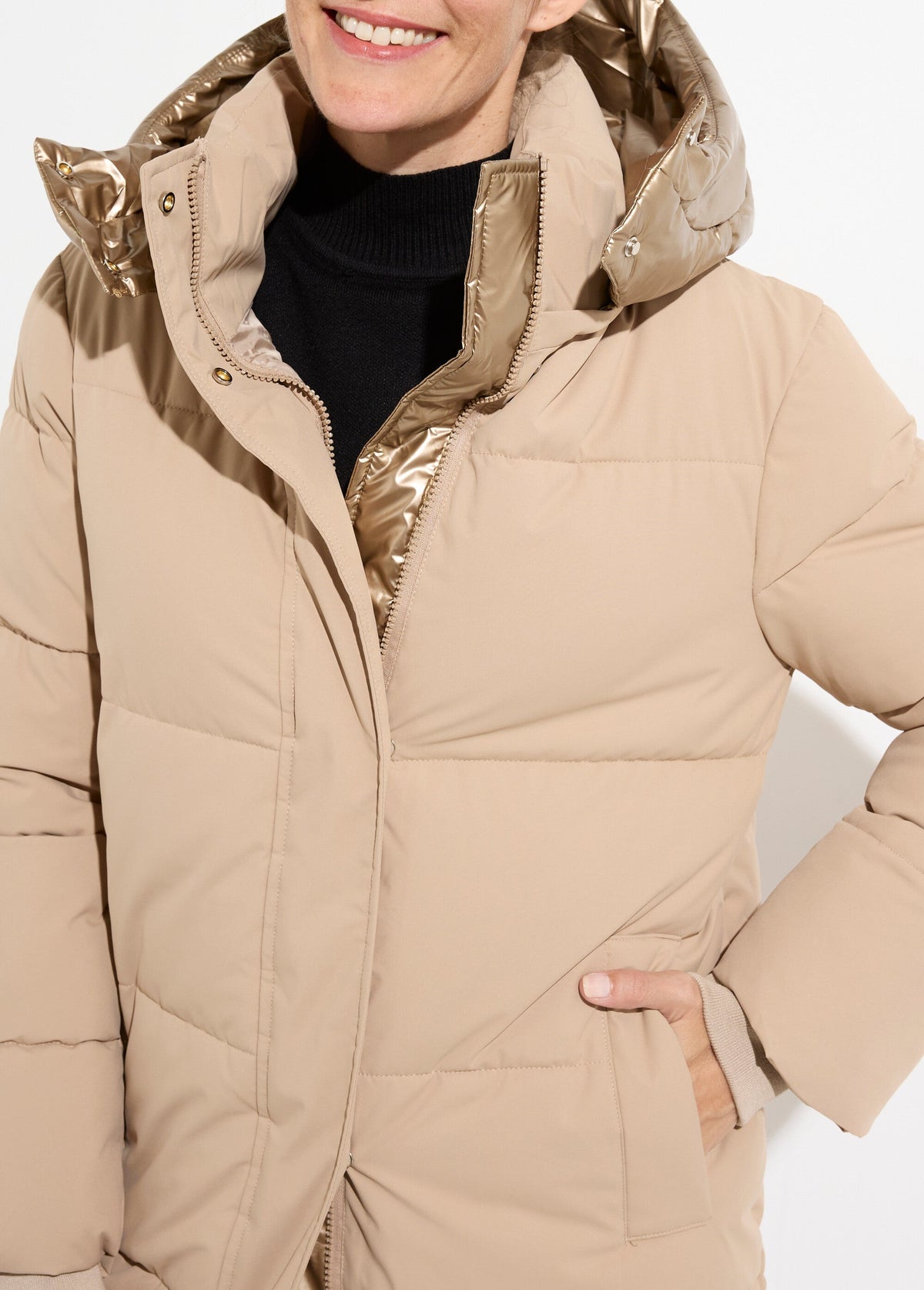Doudoune longue capuche métallisée - Beige - Orika