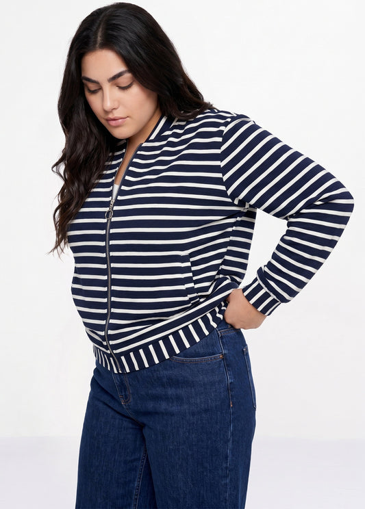 Veste esprit teddy en maille rayée - Marine - Orika