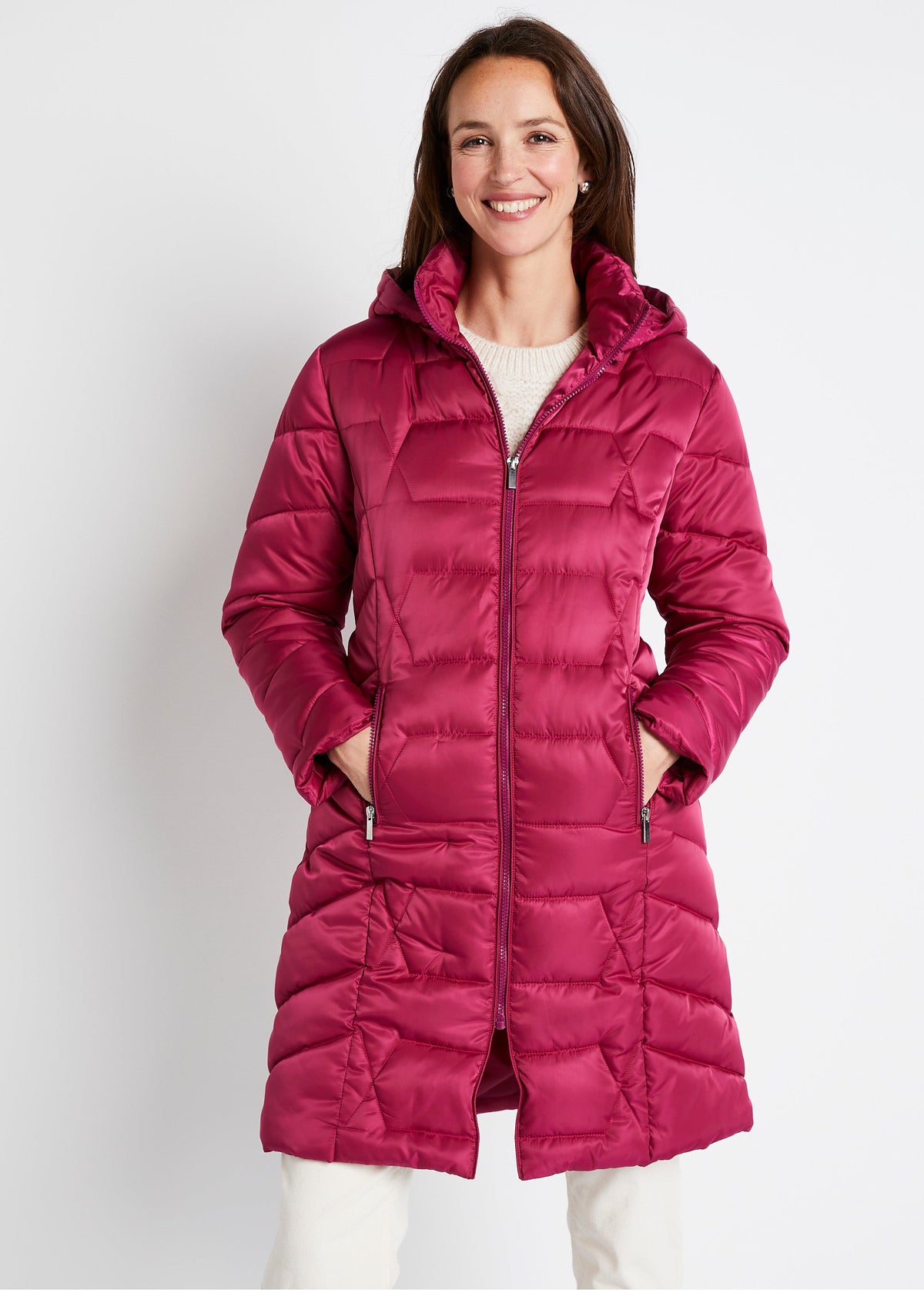 Doudoune longue matelassée à capuche - Framboise - Orika
