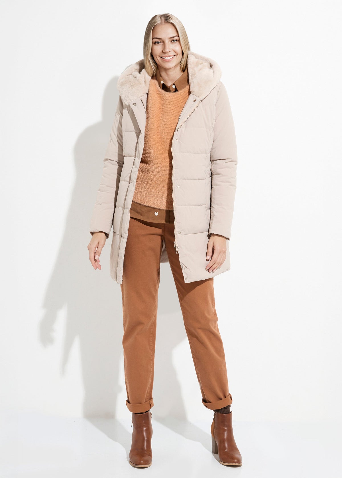 Doudoune longue avec capuche fourrure - Beige - Orika