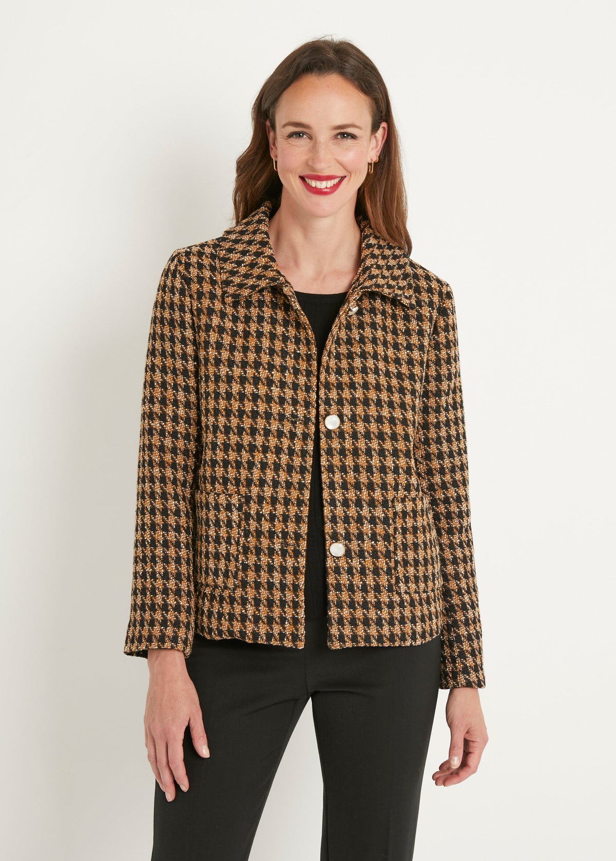 Veste boutonnée courte jacquard pied de coq Camel - Noir - Orika