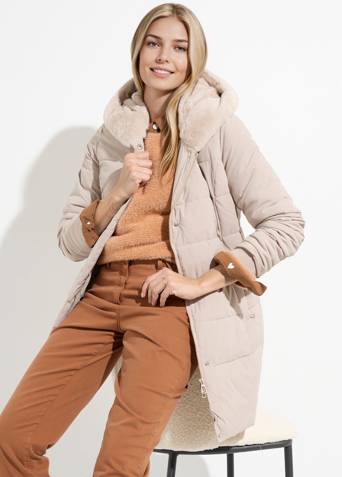 Doudoune longue avec capuche fourrure - Beige - Orika