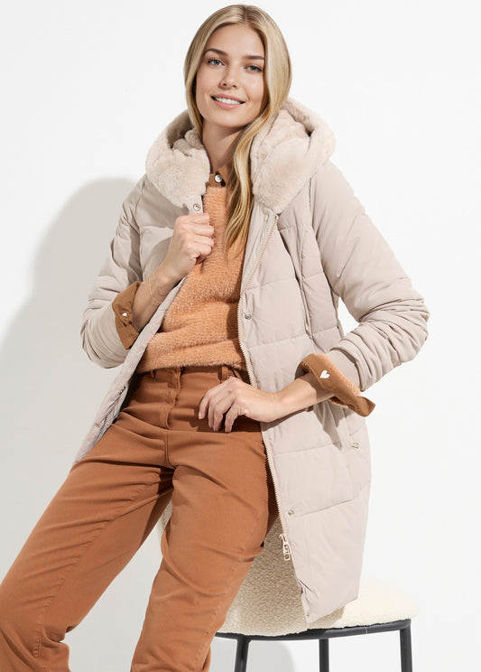 Doudoune longue avec capuche fourrure - Beige - Orika