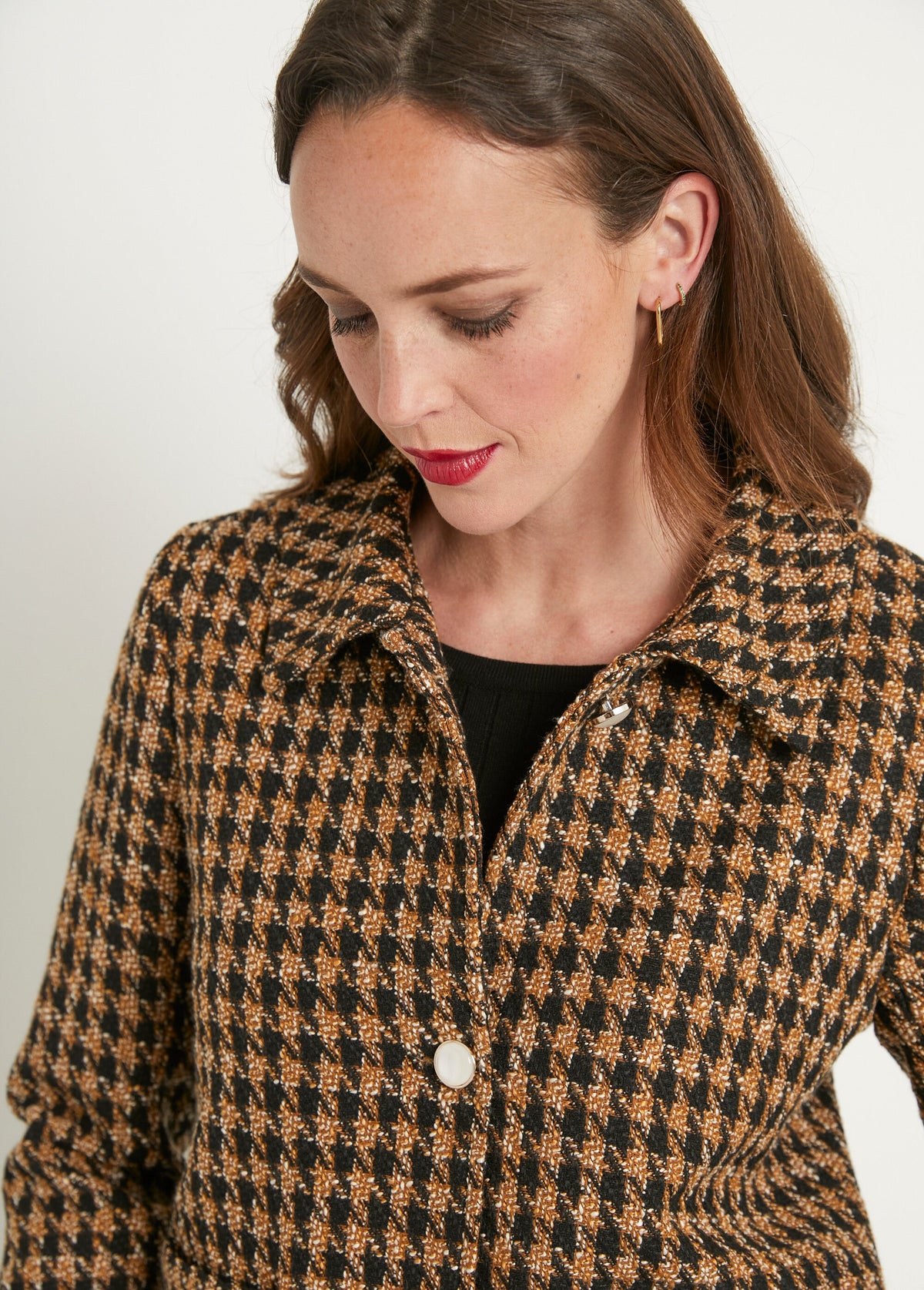 Veste boutonnée courte jacquard pied de coq Camel - Noir - Orika