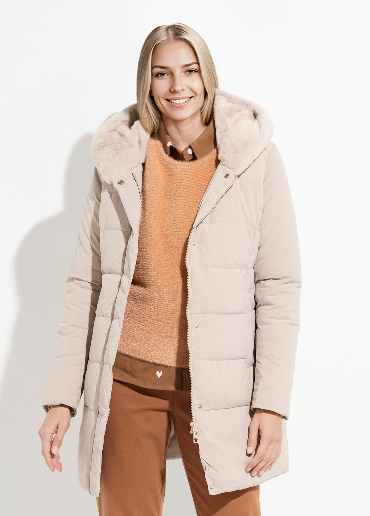 Doudoune longue avec capuche fourrure - Beige - Orika