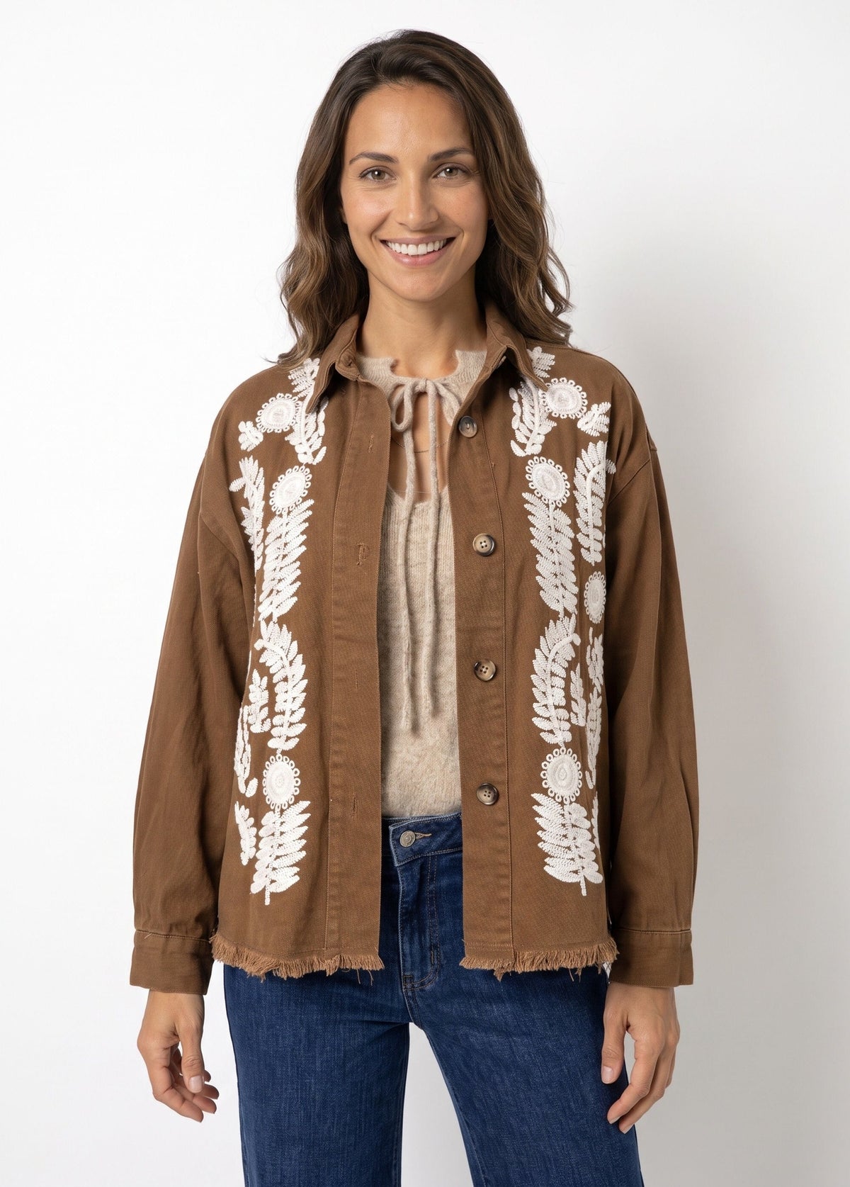 Veste surchemise brodée inspiration folk - Camel - Orika