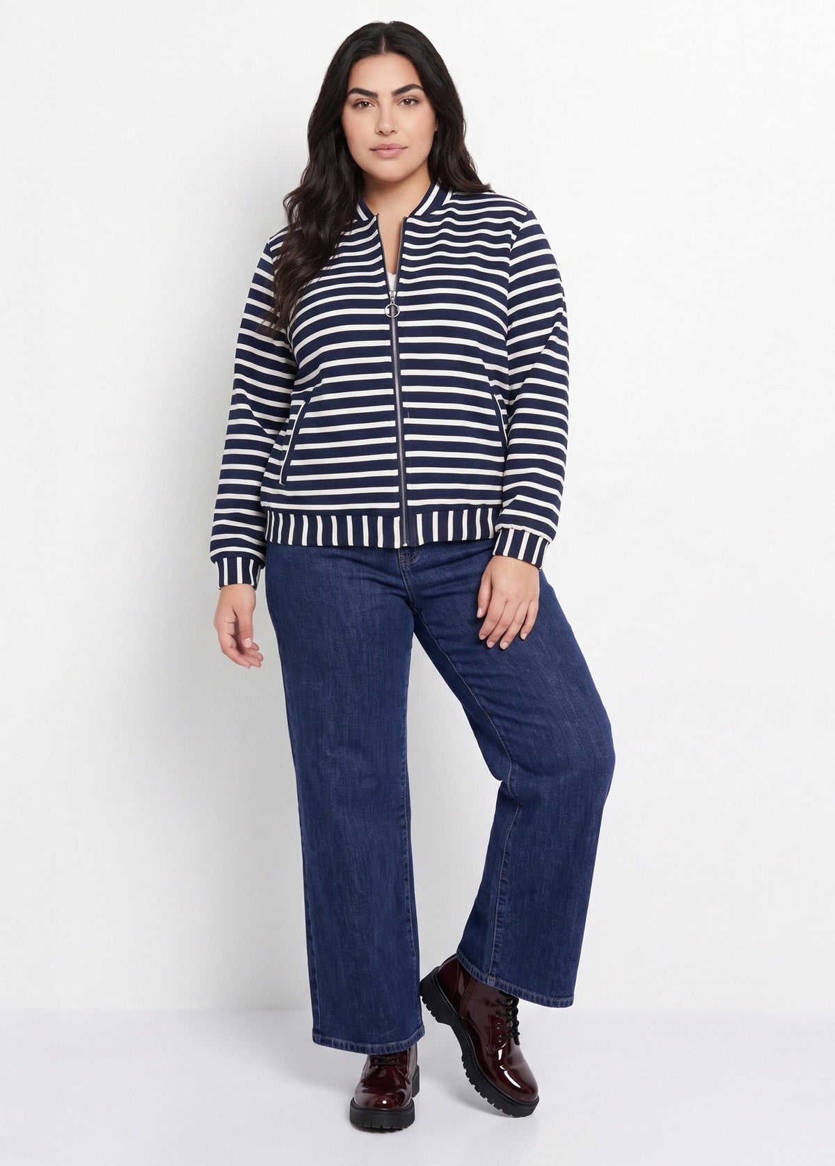 Veste esprit teddy en maille rayée - Marine - Orika